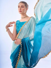 Ombre Blue Chinnon Saree with Exquisite Golden Lace Border