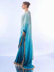 Ombre Blue Chinnon Saree with Exquisite Golden Lace Border