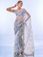 White Milky Organza Saree with Exquisite Blue Lace Border