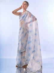 White Milky Organza Saree with Exquisite Blue Lace Border