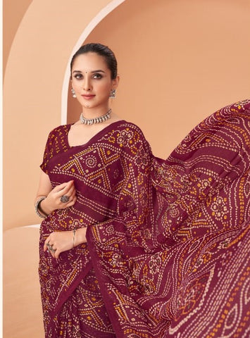 Dark Maroon Bandhani Print Saree with Blouse Piece – Traditional Ethnic Wear for Women