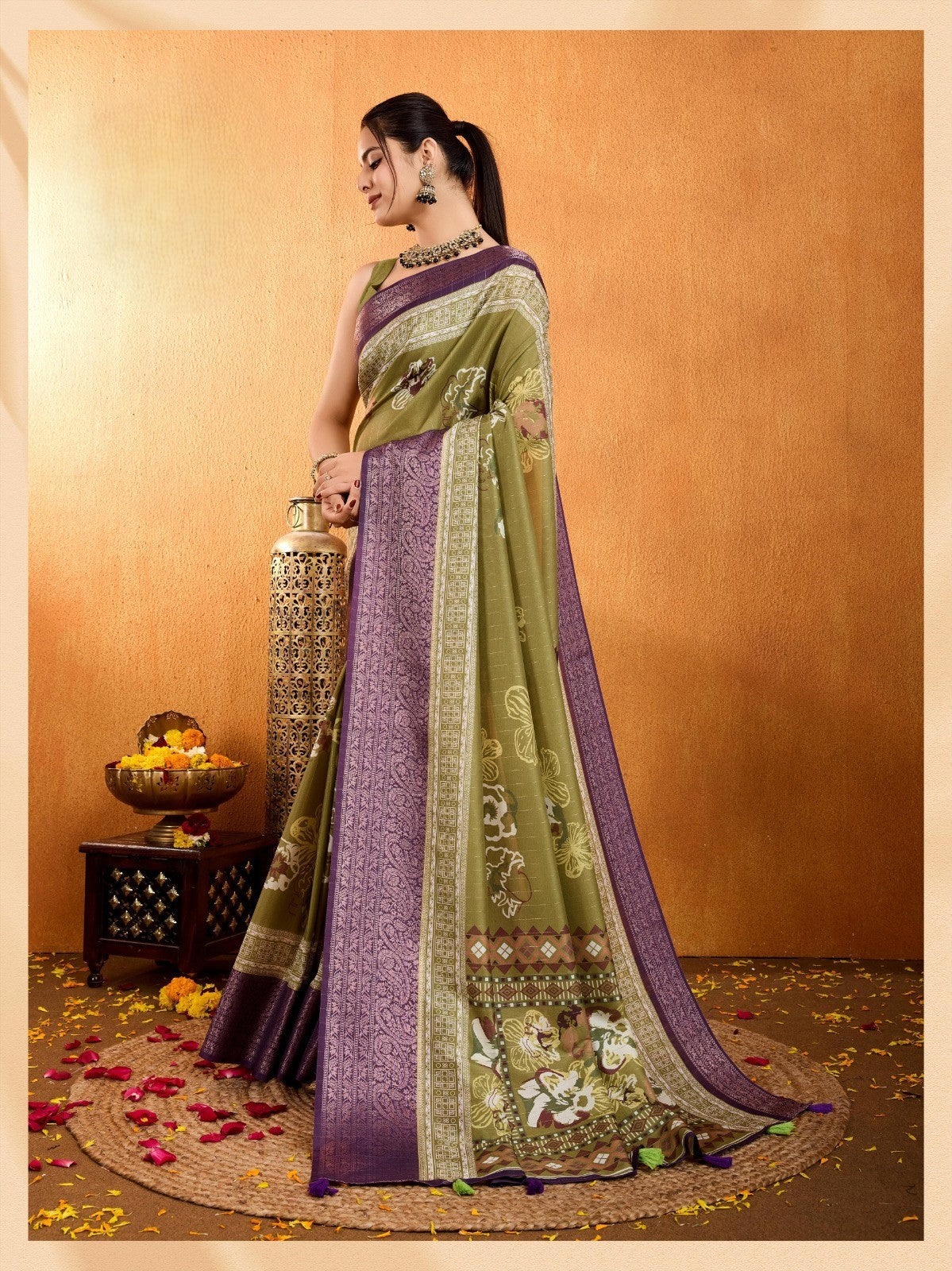Premium  Traditional Olive Green Saree with Designer Pallu