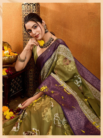 Premium  Traditional Olive Green Saree with Designer Pallu