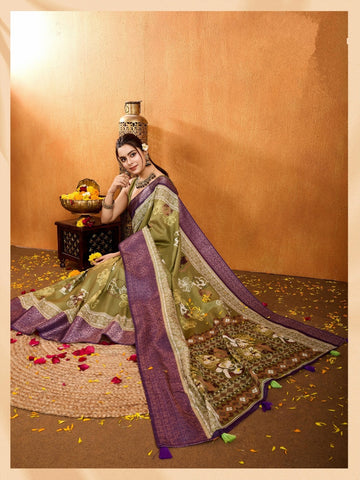 Premium  Traditional Olive Green Saree with Designer Pallu