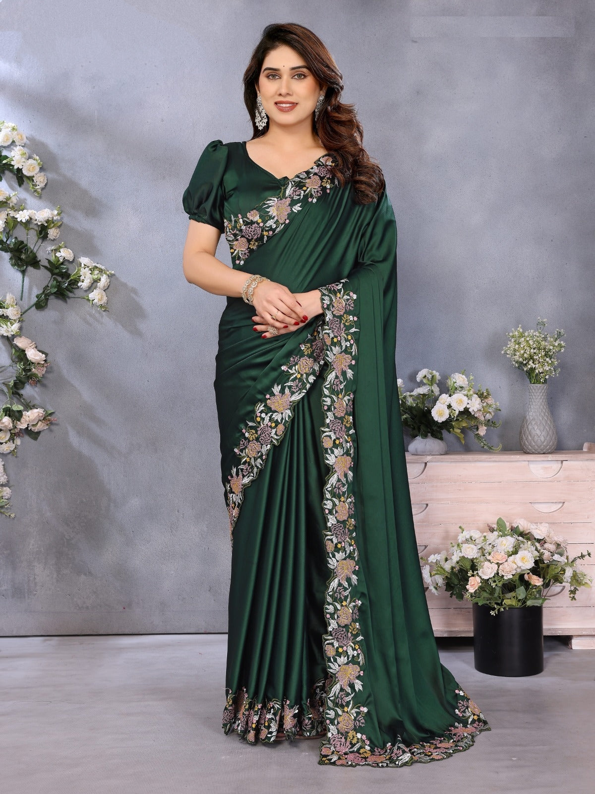 Embroidered Designer Bottle Green Saree with Blouse Piece UK