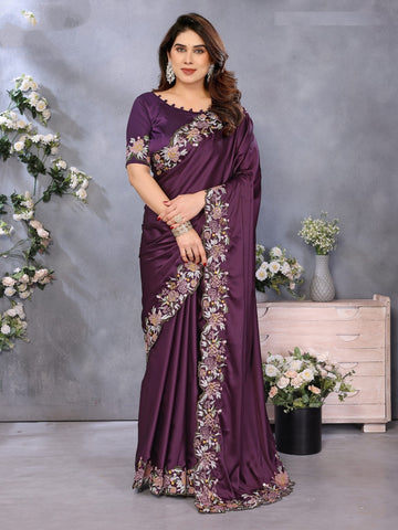 Embroidered Designer Purple Saree with Blouse Piece UK