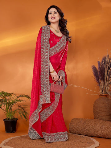 Red Designer Partywear Saree with Heavy Silver Embroidery – Indian Saree for Weddings