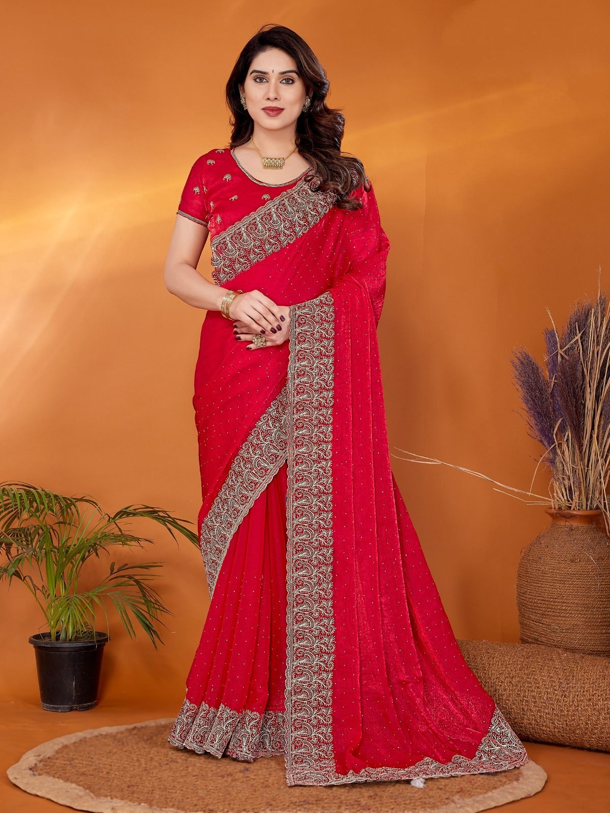 Red Designer Partywear Saree with Heavy Silver Embroidery – Indian Saree for Weddings