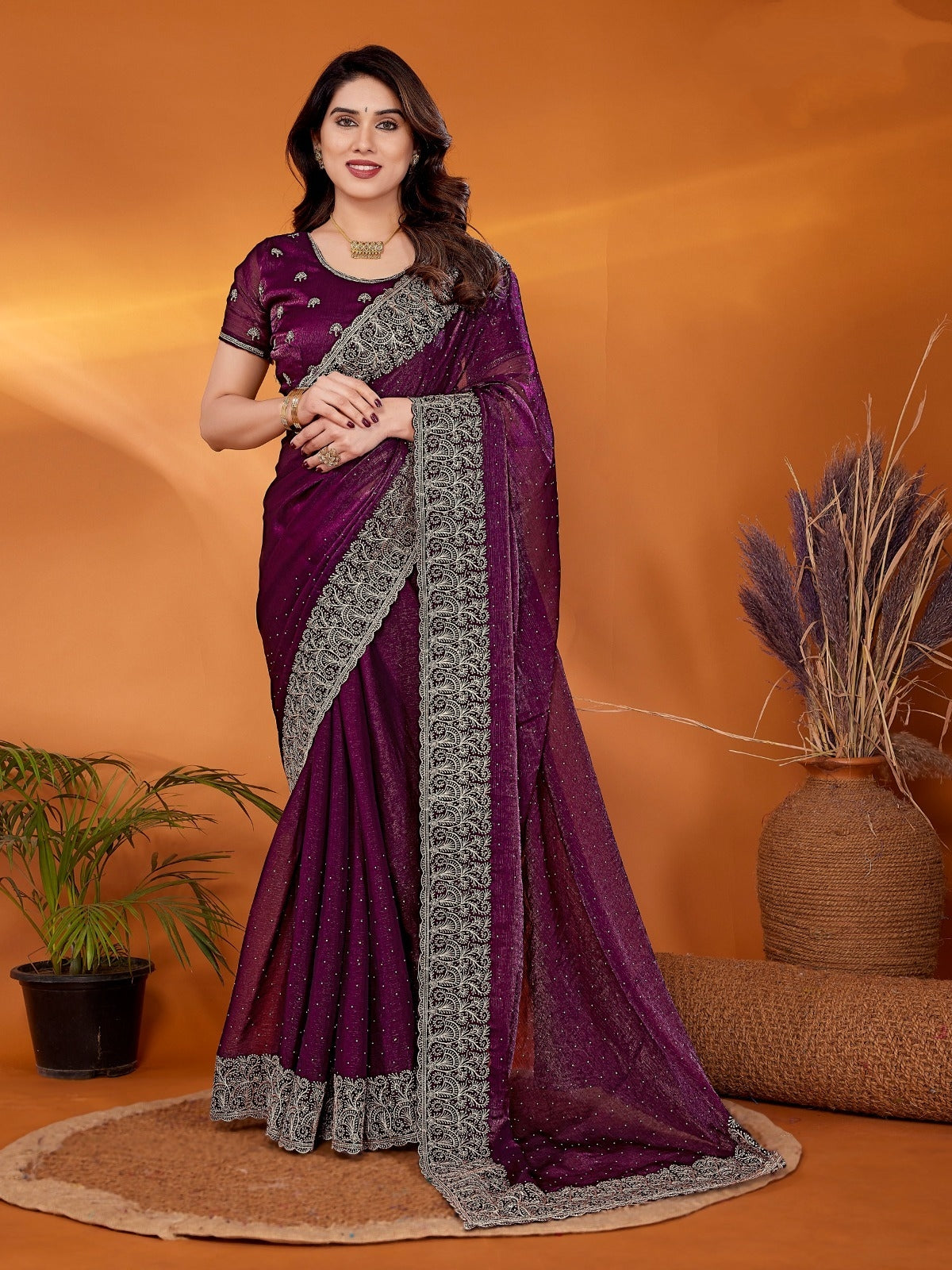 Purple Embroidered Partywear Saree with Silver Border – Premium Designer Indian Saree