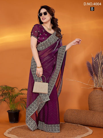 Purple Embroidered Partywear Saree with Silver Border – Premium Designer Indian Saree