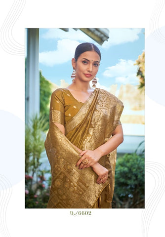 Golden Mustard Banarasi Silk Saree with Heavy Zari Border | Indian Wedding Saree UK