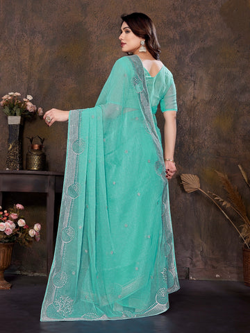 Sea Green Net Saree with Silver Embroidery – Elegant Wedding Saree UK