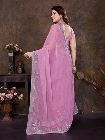 Dusty Pink Net Saree with Silver Embroidery – Elegant Party Wear Saree UK