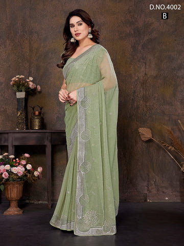 Green Net Saree with Silver Border – Designer Indian Saree UK