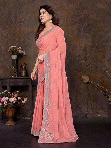 Peach Net Saree with Elegant Silver Embroidery – Party Wear Saree UK