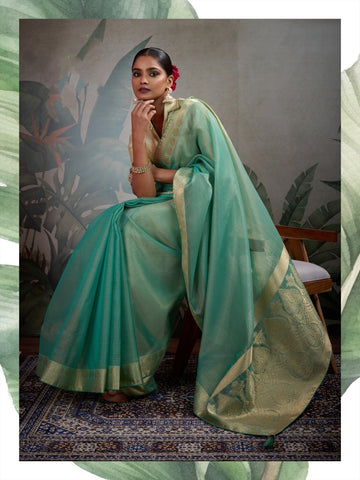 Elegant Pastel Tissue Silk Green colour Saree with Rich Woven Border – Lightweight Luxury Indian Ethnic Wear