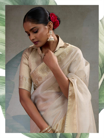 Elegant Pastel Tissue Silk Beige colour Saree with Rich Woven Border – Lightweight Luxury Indian Ethnic Wear