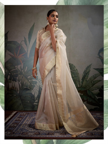 Elegant Pastel Tissue Silk Beige colour Saree with Rich Woven Border – Lightweight Luxury Indian Ethnic Wear
