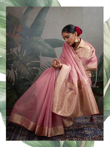 Elegant Pastel Tissue Silk Pink colour Saree with Rich Woven Border – Lightweight Luxury Indian Ethnic Wear