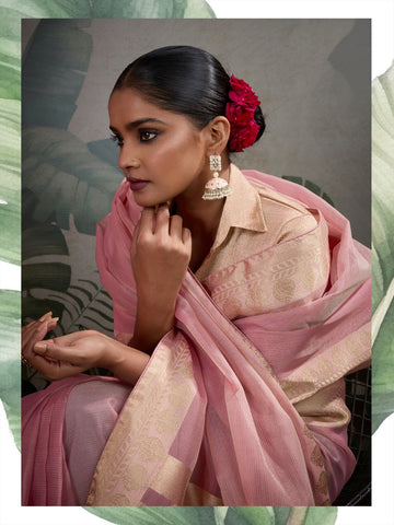 Elegant Pastel Tissue Silk Pink colour Saree with Rich Woven Border – Lightweight Luxury Indian Ethnic Wear