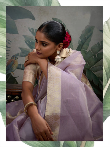 Elegant Pastel Tissue Silk Lavender colour Saree with Rich Woven Border – Lightweight Luxury Indian Ethnic Wear