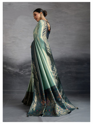 Premium Kanjivaram Soft Silk Sea Green Saree with Double Zari Weaving, Meenakari Pallu & Brocade Blouse