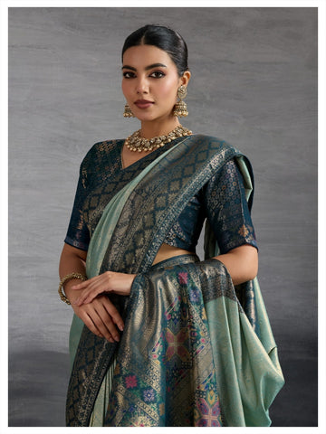 Premium Kanjivaram Soft Silk Sea Green Saree with Double Zari Weaving, Meenakari Pallu & Brocade Blouse