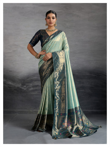 Premium Kanjivaram Soft Silk Sea Green Saree with Double Zari Weaving, Meenakari Pallu & Brocade Blouse