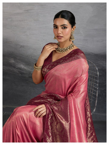 Premium Kanjivaram Soft Silk Pink Saree with Double Zari Weaving, Meenakari Pallu & Brocade Blouse