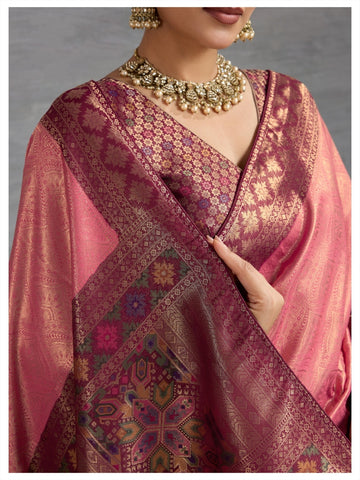 Premium Kanjivaram Soft Silk Pink Saree with Double Zari Weaving, Meenakari Pallu & Brocade Blouse
