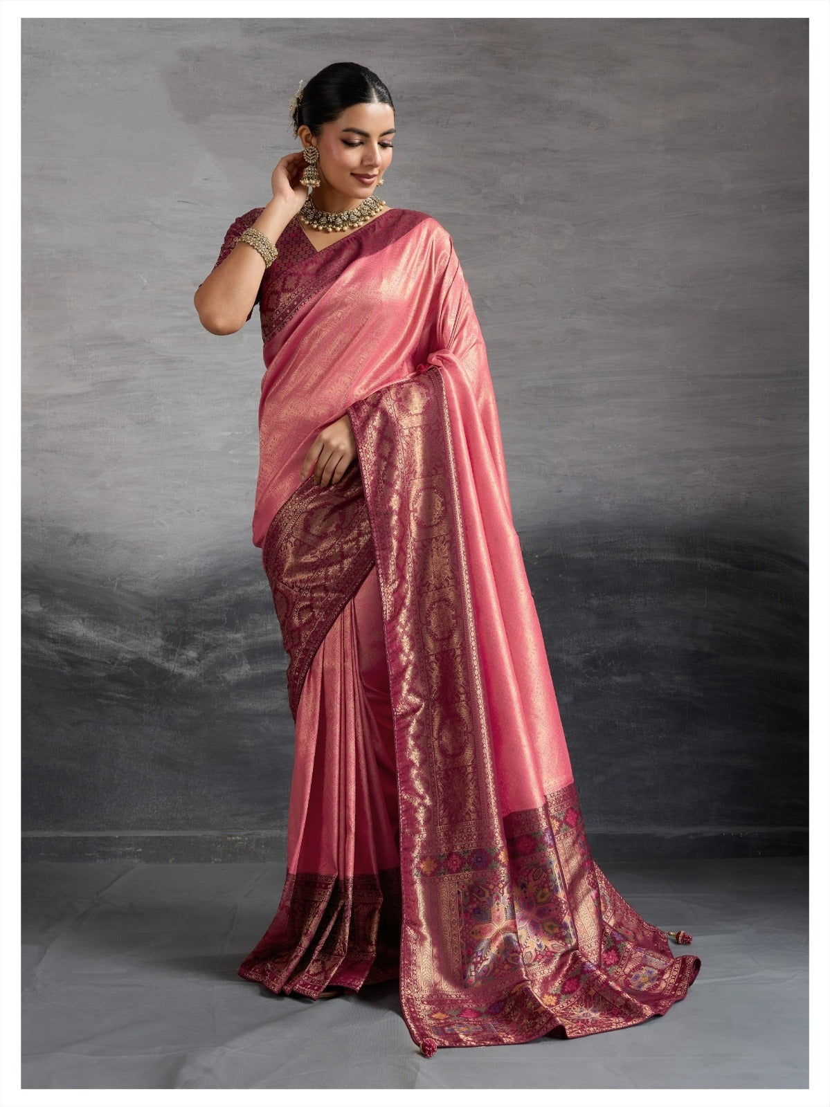 Premium Kanjivaram Soft Silk Pink Saree with Double Zari Weaving, Meenakari Pallu & Brocade Blouse