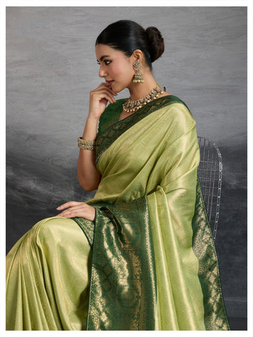 Premium Kanjivaram Soft Silk Green Saree with Double Zari Weaving, Meenakari Pallu & Brocade Blouse