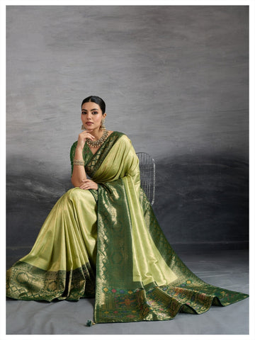 Premium Kanjivaram Soft Silk Green Saree with Double Zari Weaving, Meenakari Pallu & Brocade Blouse