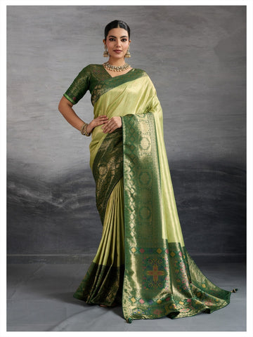 Premium Kanjivaram Soft Silk Green Saree with Double Zari Weaving, Meenakari Pallu & Brocade Blouse