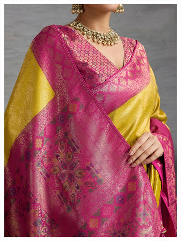 Premium Kanjivaram Soft Silk Yellow Saree with Double Zari Weaving, Meenakari Pallu & Brocade Blouse