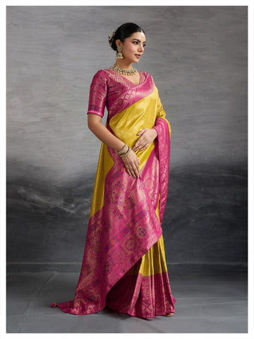 Premium Kanjivaram Soft Silk Yellow Saree with Double Zari Weaving, Meenakari Pallu & Brocade Blouse