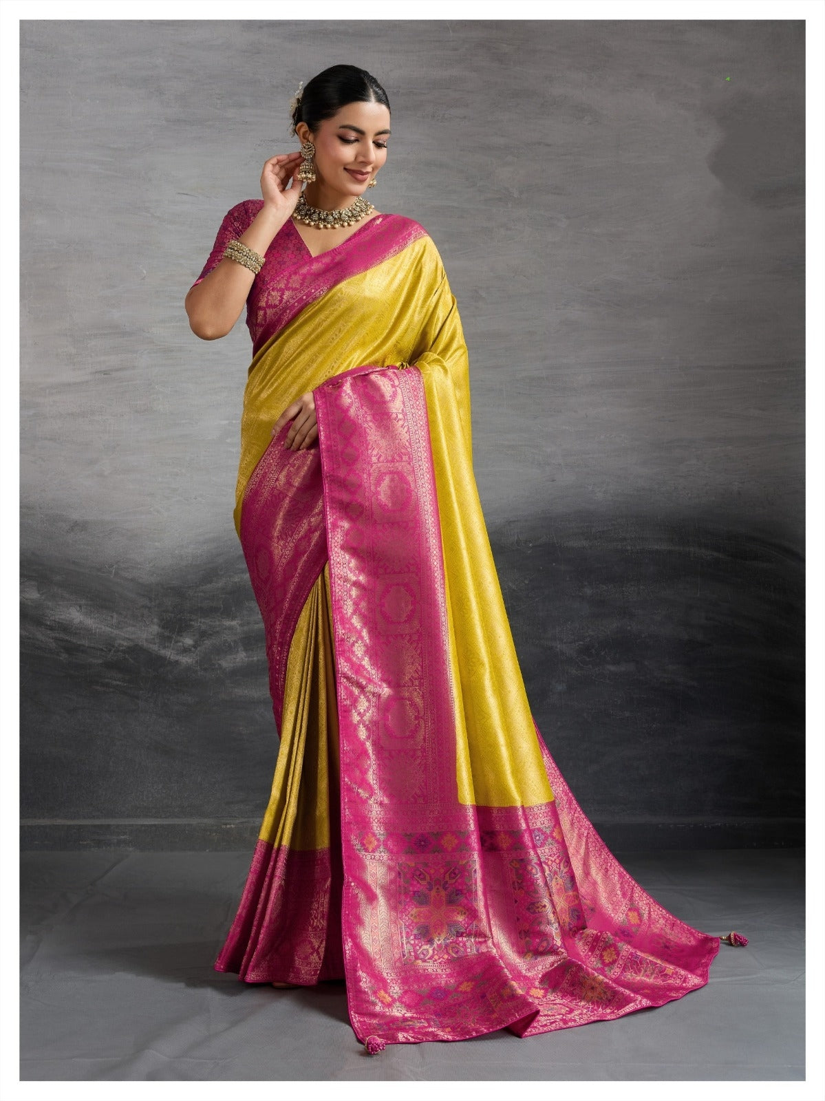 Premium Kanjivaram Soft Silk Yellow Saree with Double Zari Weaving, Meenakari Pallu & Brocade Blouse