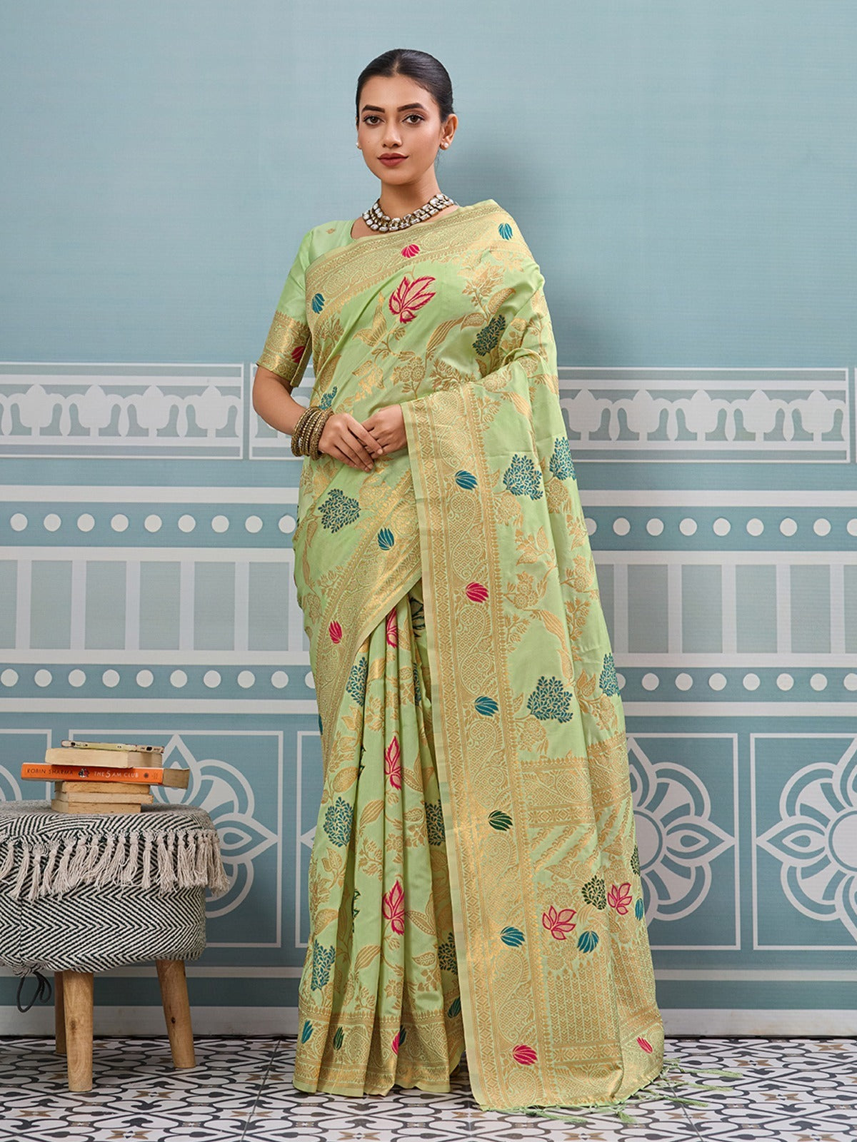 Pastel Green Shop luxury Banarasi silk sarees with floral zari weaving. Perfect for weddings & festivals. Premium Indian ethnic wear with UK delivery.