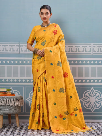 Yellow Shop luxury Banarasi silk sarees with floral zari weaving. Perfect for weddings & festivals. Premium Indian ethnic wear with UK delivery