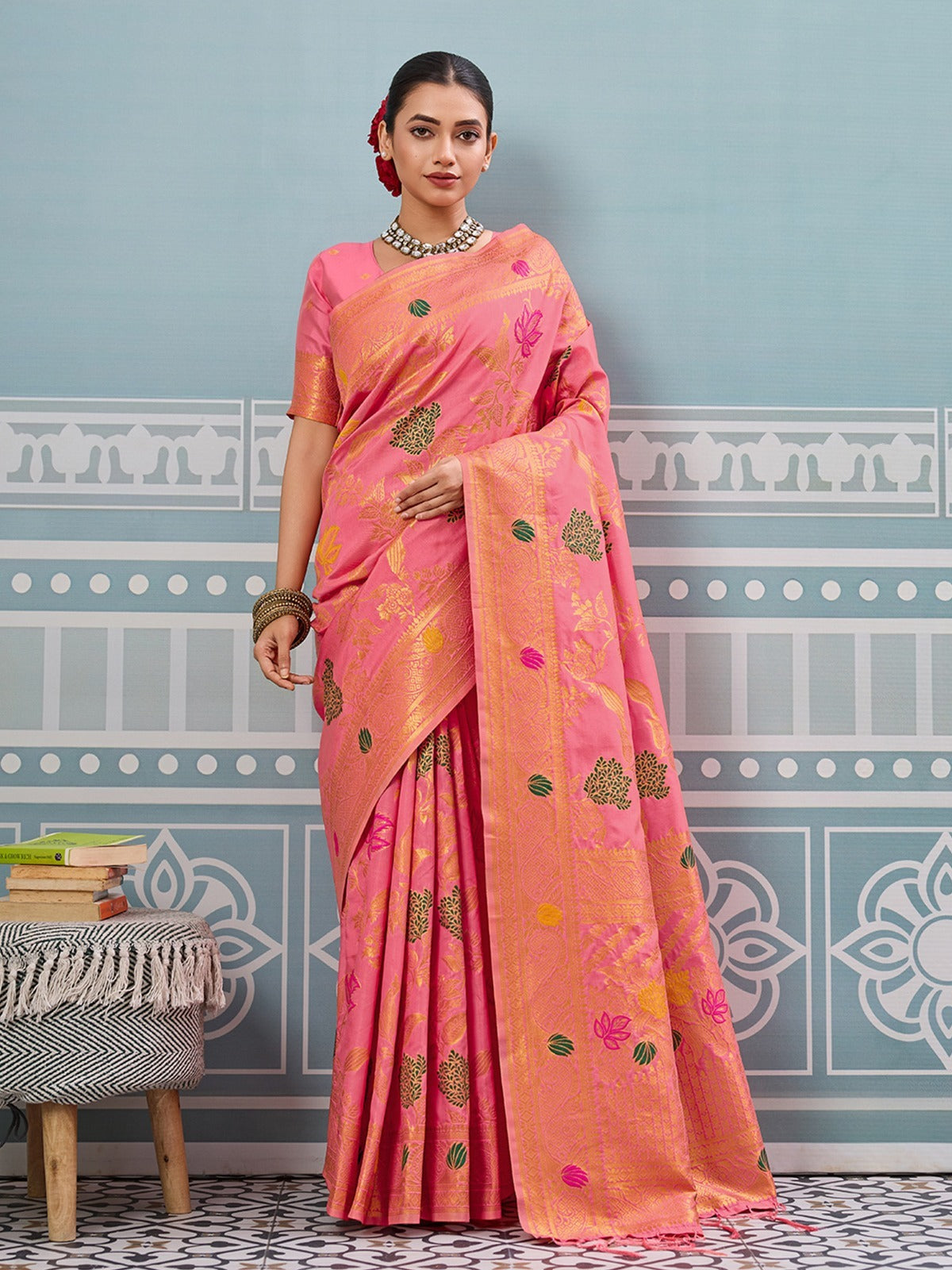 Pink Shop luxury Banarasi silk sarees with floral zari weaving. Perfect for weddings & festivals. Premium Indian ethnic wear with UK delivery.