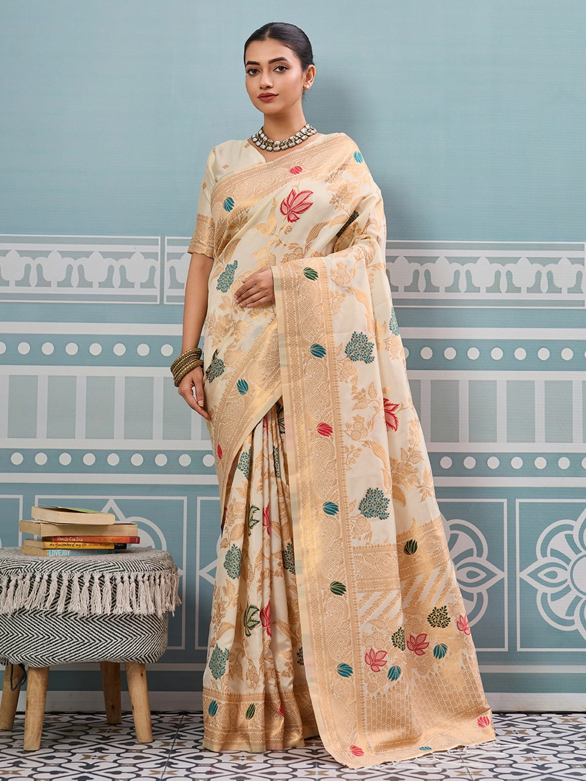 Beige Shop luxury Banarasi silk sarees with floral zari weaving. Perfect for weddings & festivals. Premium Indian ethnic wear with UK delivery.