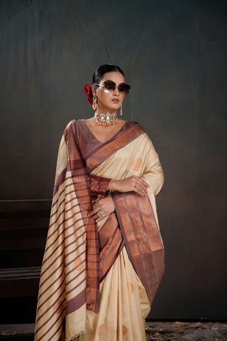 Beige & Gold Elegant Silk Saree | Luxury Indian Saree UK