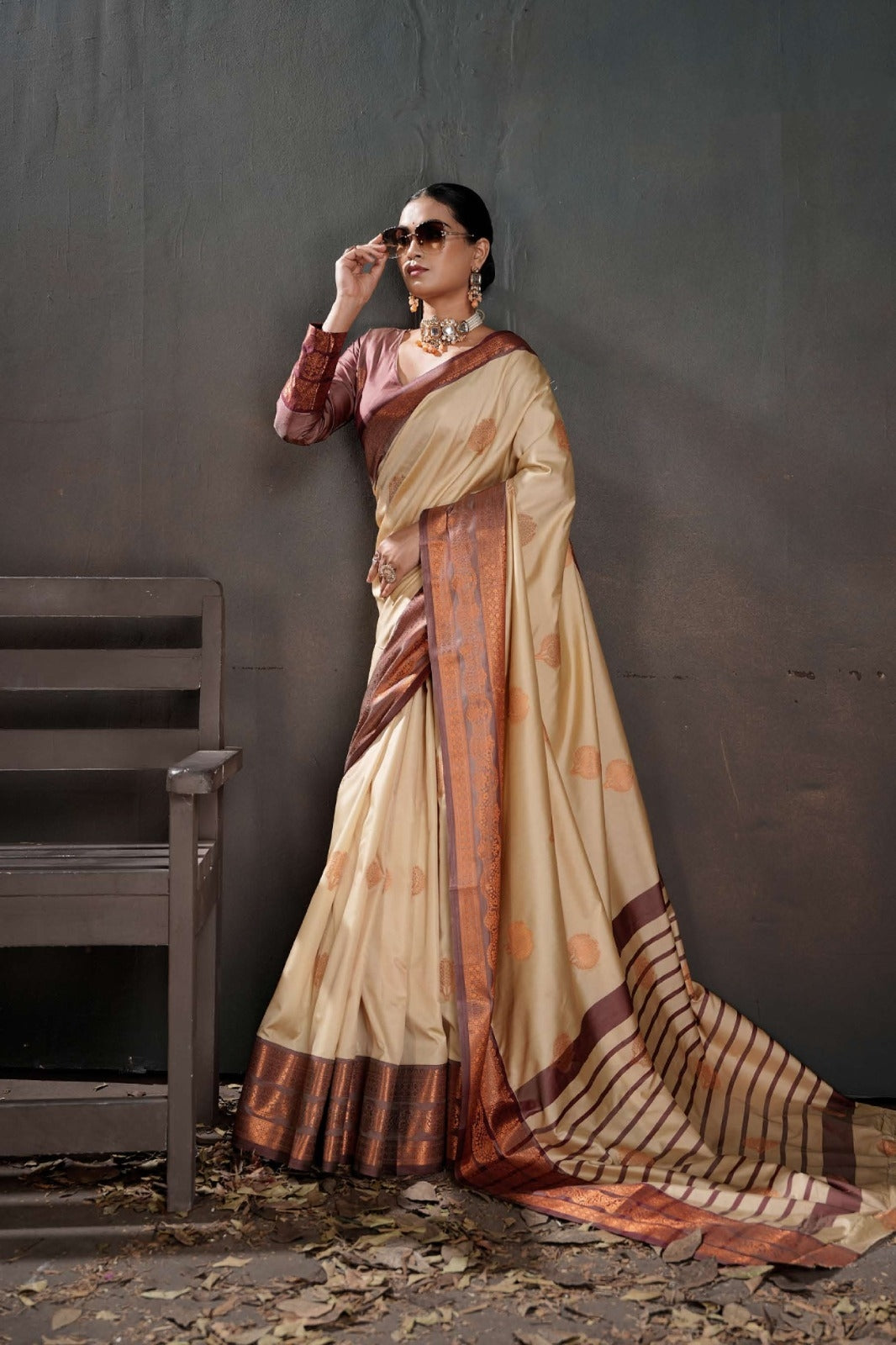 Beige & Gold Elegant Silk Saree | Luxury Indian Saree UK
