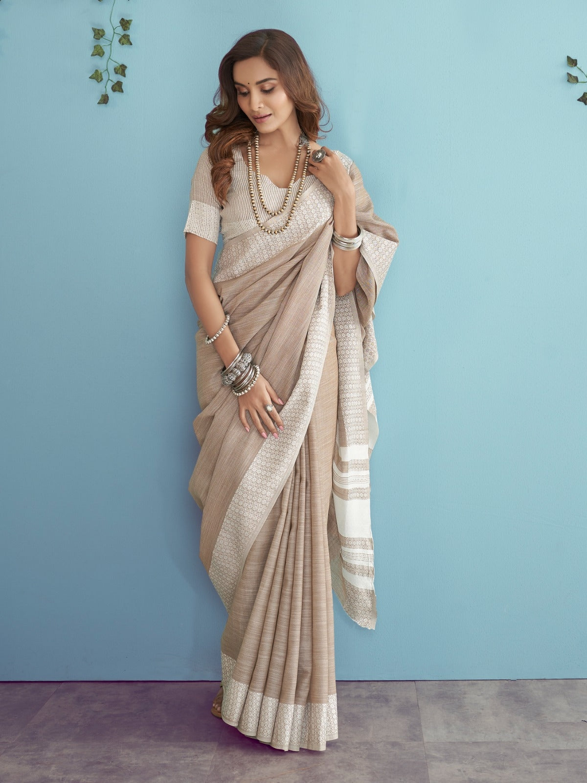 Premium Linen Cotton Beige Colour Sarees for Women | Elegant Designer Indian Sarees UK