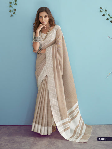 Premium Linen Cotton Beige Colour Sarees for Women | Elegant Designer Indian Sarees UK