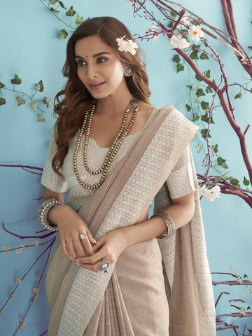 Premium Linen Cotton Beige Colour Sarees for Women | Elegant Designer Indian Sarees UK