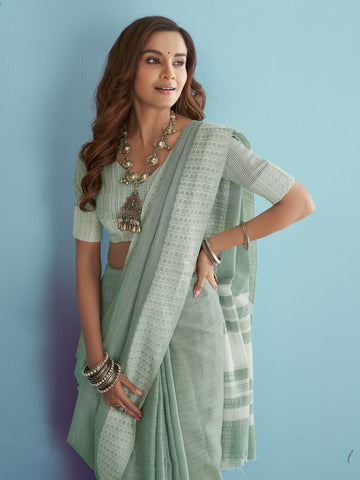 Premium Linen Cotton Green Colour Sarees for Women | Elegant Designer Indian Sarees UK