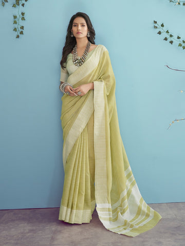 Premium Linen Cotton Yellow Colour Sarees for Women | Elegant Designer Indian Sarees UK