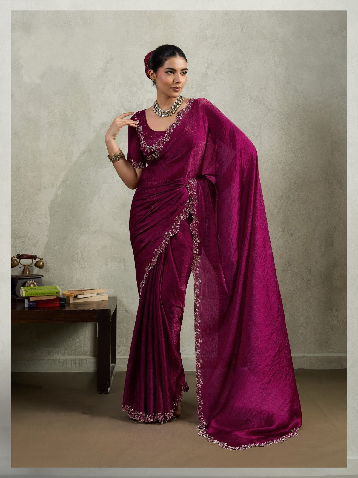 Wine Embroidered Saree with Designer Blouse | Elegant Indian Ethnic Wear UK