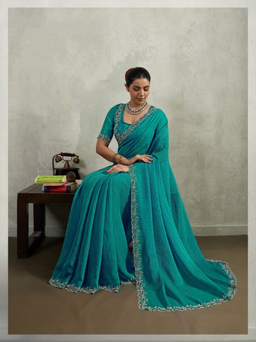 Firozi Embroidered Saree with Designer Blouse | Elegant Indian Ethnic Wear UK